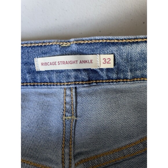 Levi's Ribcage Straight Ankle High-Rise Raw Hem Stretch Blue Jeans Women’s Sz 32 - Picture 10 of 13